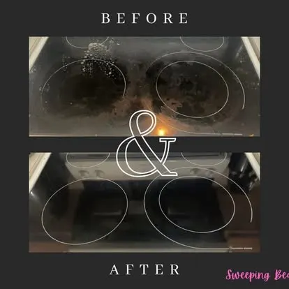 Before and after of a glass stovetop cleaned by Sweeping Beauty, from burnt-on grime to spotless